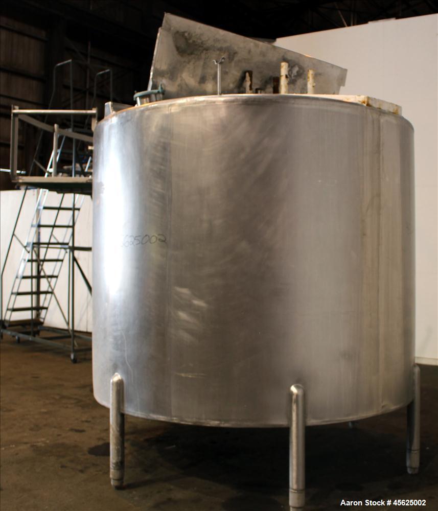 Used Tank, Approximately 2000 Gallons, 304 Stainless Steel, Vertical. Approximately 90" diameter x 74" straight side. Flat top, sloped V-bottom. Has fixed carbon steel agitator mount, no motor, 1-1/2...