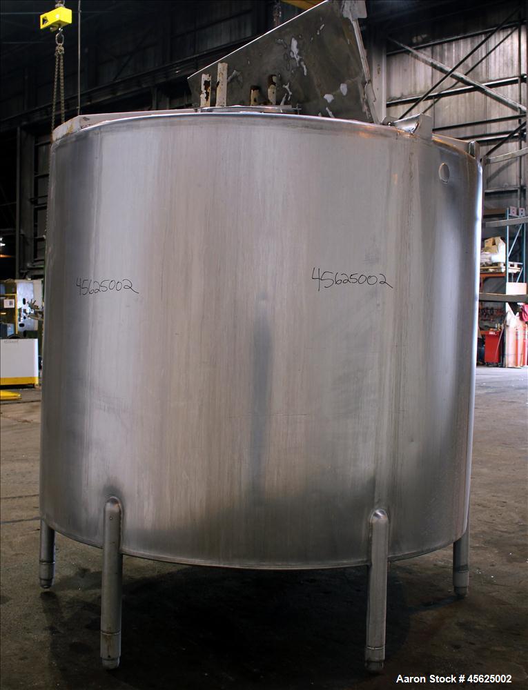 Used Tank, Approximately 2000 Gallons, 304 Stainless Steel, Vertical. Approximately 90" diameter x 74" straight side. Flat top, sloped V-bottom. Has fixed carbon steel agitator mount, no motor, 1-1/2...