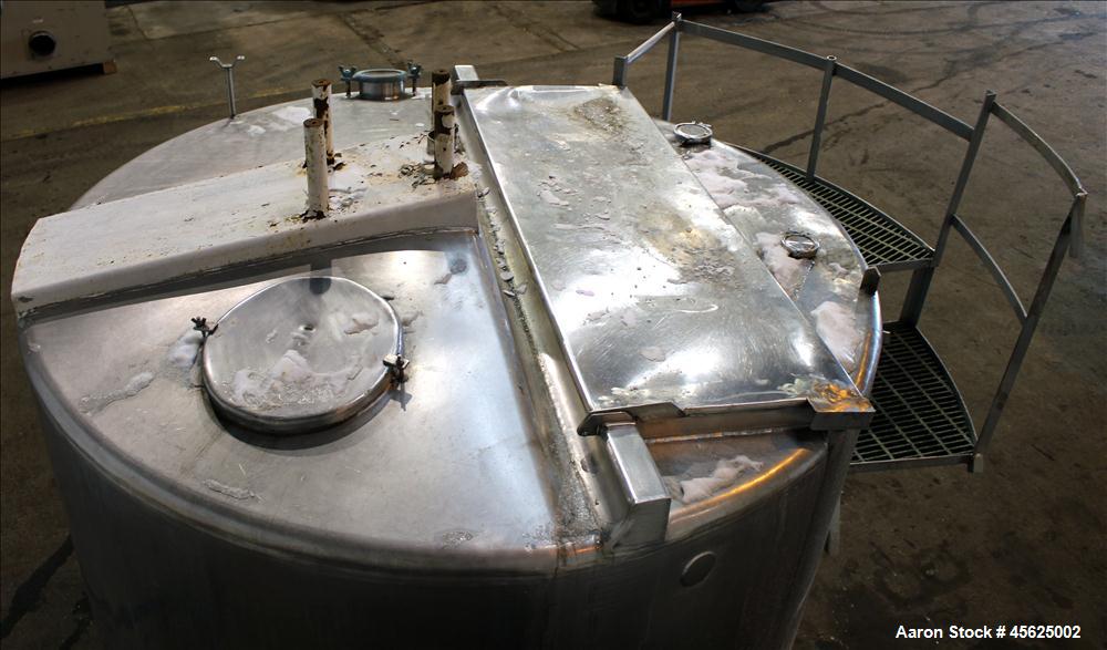Used Tank, Approximately 2000 Gallons, 304 Stainless Steel, Vertical. Approximately 90" diameter x 74" straight side. Flat top, sloped V-bottom. Has fixed carbon steel agitator mount, no motor, 1-1/2...