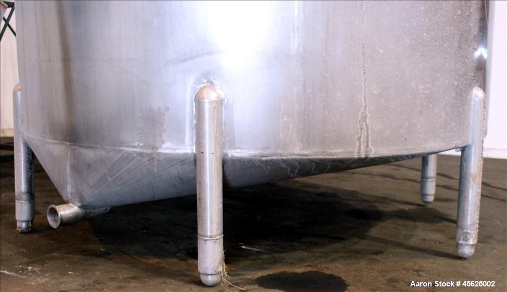 Used Tank, Approximately 2000 Gallons, 304 Stainless Steel, Vertical. Approximately 90" diameter x 74" straight side. Flat top, sloped V-bottom. Has fixed carbon steel agitator mount, no motor, 1-1/2...