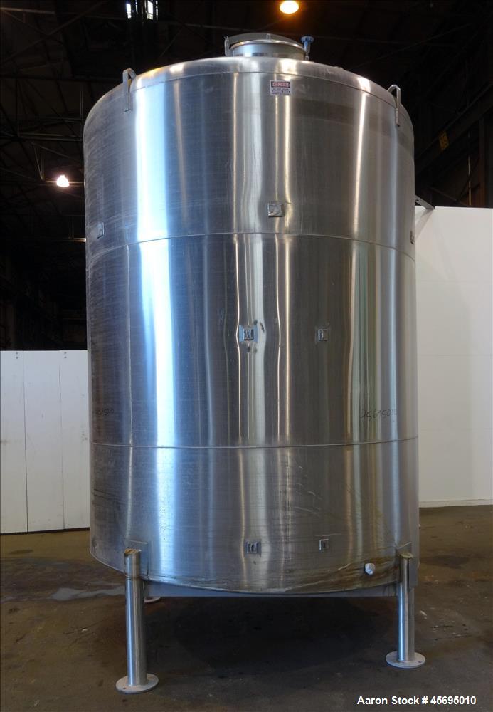 Used Tank, 3500 Gallon, 304 Stainless Steel, Vertical. 96" Diameter x 115" straight side, dished top, sloped bottom. (1) Spray Ball. Openings top 4", 8", 16" man way with cover. 4" Tri-clamp side bot...