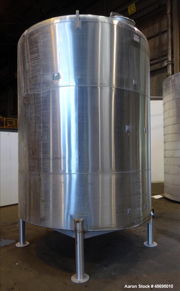 Used Tank, 3500 Gallon, 304 Stainless Steel, Vertical. 96" Diameter x 115" straight side, dished top, sloped bottom. (1) Spray Ball. Openings top 4", 8", 16" man way with cover. 4" Tri-clamp side bot...