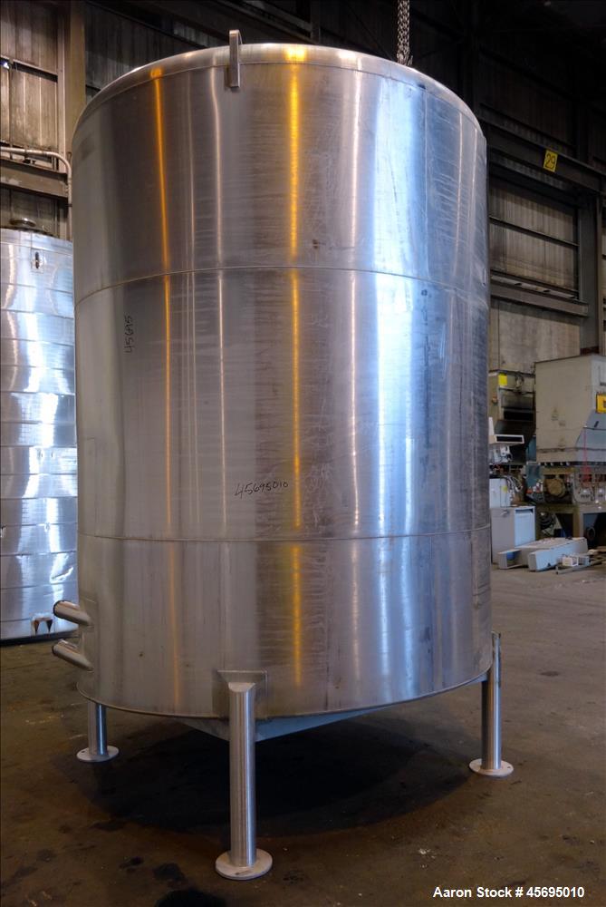 Used Tank, 3500 Gallon, 304 Stainless Steel, Vertical. 96" Diameter x 115" straight side, dished top, sloped bottom. (1) Spray Ball. Openings top 4", 8", 16" man way with cover. 4" Tri-clamp side bot...
