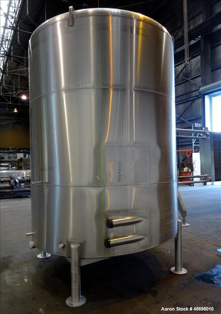 Used Tank, 3500 Gallon, 304 Stainless Steel, Vertical. 96" Diameter x 115" straight side, dished top, sloped bottom. (1) Spray Ball. Openings top 4", 8", 16" man way with cover. 4" Tri-clamp side bot...