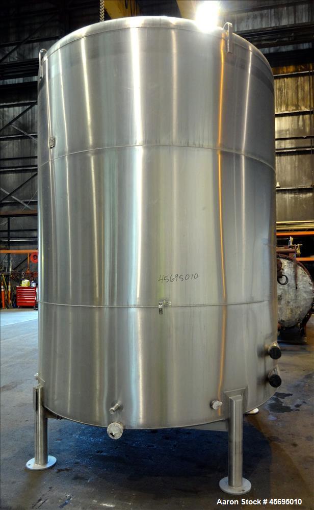 Used Tank, 3500 Gallon, 304 Stainless Steel, Vertical. 96" Diameter x 115" straight side, dished top, sloped bottom. (1) Spray Ball. Openings top 4", 8", 16" man way with cover. 4" Tri-clamp side bot...