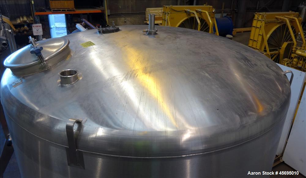Used Tank, 3500 Gallon, 304 Stainless Steel, Vertical. 96" Diameter x 115" straight side, dished top, sloped bottom. (1) Spray Ball. Openings top 4", 8", 16" man way with cover. 4" Tri-clamp side bot...