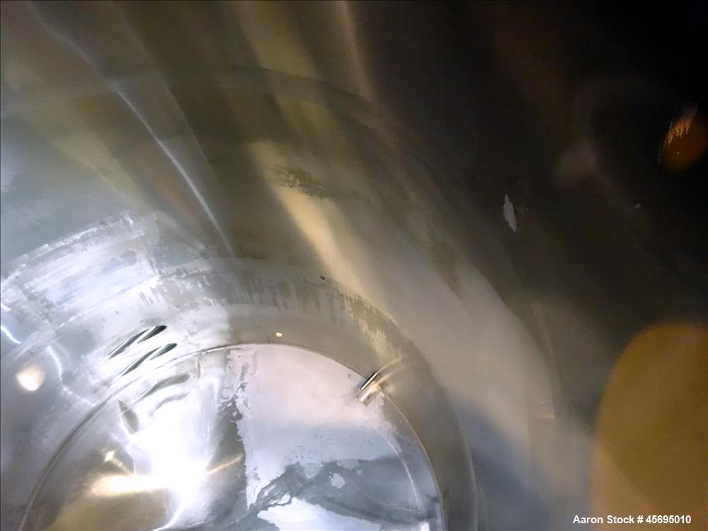 Used Tank, 3500 Gallon, 304 Stainless Steel, Vertical. 96" Diameter x 115" straight side, dished top, sloped bottom. (1) Spray Ball. Openings top 4", 8", 16" man way with cover. 4" Tri-clamp side bot...