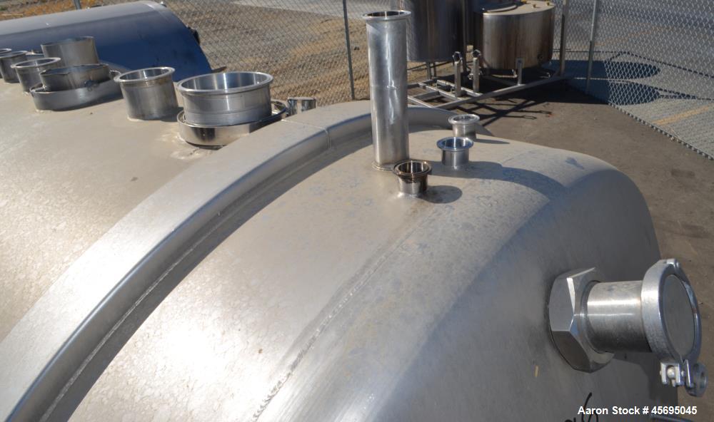 Used Tank, 1400 Gallon, Stainless Steel, Horizontal. 66" Diameter x 82" straight side, dished heads. Openings top (3) 1-1/2", 2", (2) 3", (2) 4", 6", heads 1-1/2", (2) 4" outlets, 18" man way with co...