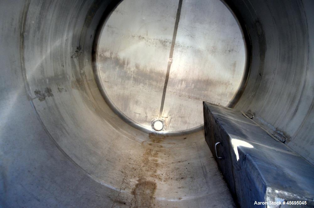Used Tank, 1400 Gallon, Stainless Steel, Horizontal. 66" Diameter x 82" straight side, dished heads. Openings top (3) 1-1/2", 2", (2) 3", (2) 4", 6", heads 1-1/2", (2) 4" outlets, 18" man way with co...