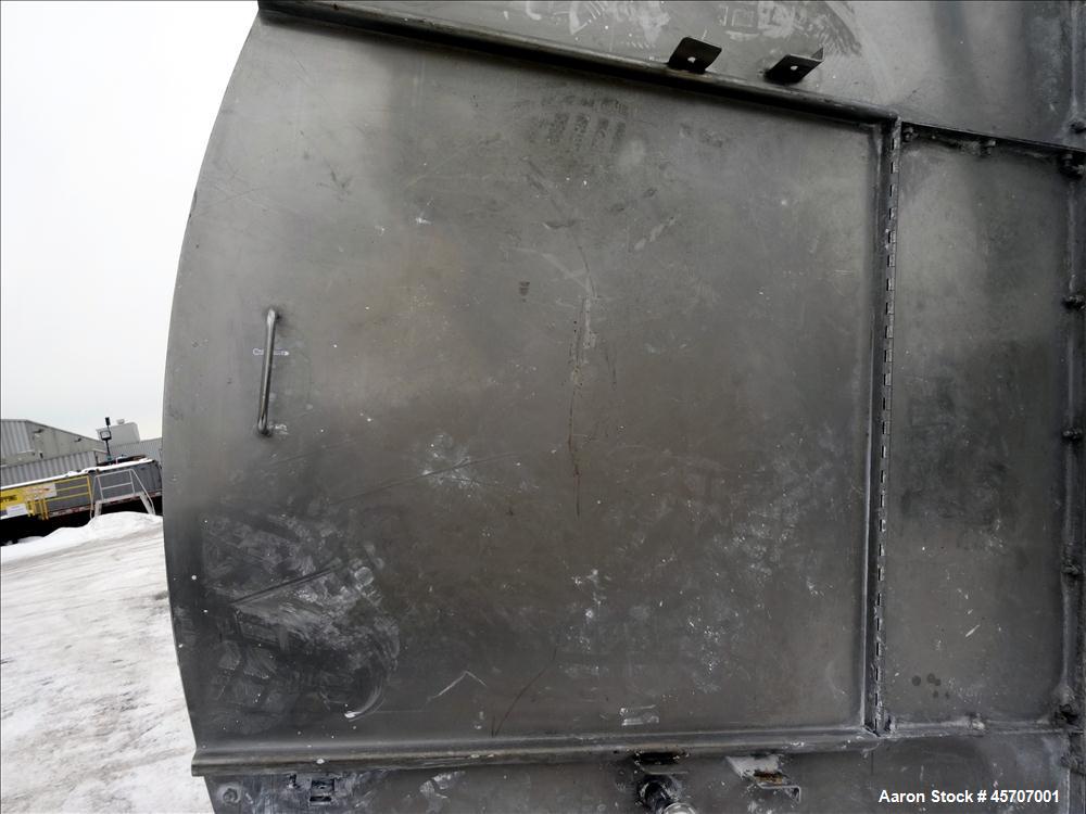 Used Bright Sheet Metal Tank, Approximately 4,000 Gallon, 304 Stainless Steel, Vertical. 100" diameter x 120" straight side. Flat top, coned bottom. 34" x 32" top hinged manway cover, 2" center botto...