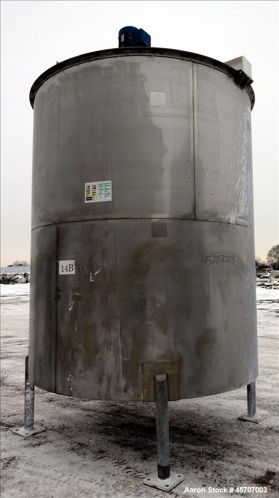 Used Bright Sheet Metal Tank, Approximately 4,000 Gallon, 304 Stainless Steel, Vertical. 100" diameter x 120" straight side. Flat top, coned bottom. 34" x 32" top hinged manway cover, 2" center botto...