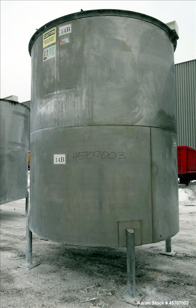 Used Bright Sheet Metal Tank, Approximately 4,000 Gallon, 304 Stainless Steel, Vertical. 100" diameter x 120" straight side. Flat top, coned bottom. 34" x 32" top hinged manway cover, 2" center botto...