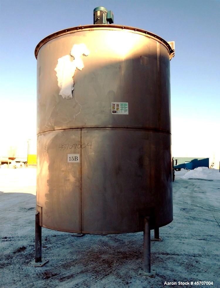 Used Bright Sheet Metal Tank, Approximately 4,000 Gallon, 304 Stainless Steel, Vertical. 100" diameter x 120" straight side. Flat top, coned bottom. 34" x 32" top hinged manway cover, 2" center botto...