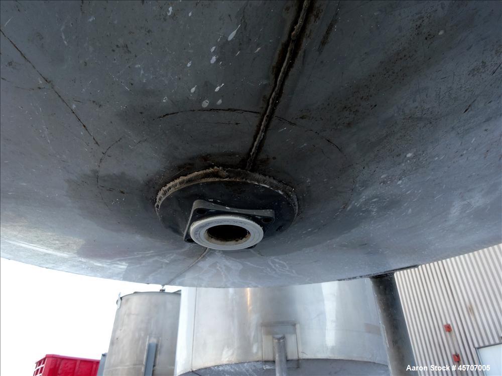 Used Bright Sheet Metal Tank, Approximately 4,000 Gallon, 304 Stainless Steel, Vertical. 100" diameter x 120" straight side. Flat top, coned bottom. 34" x 32" top hinged manway cover, 2" center botto...