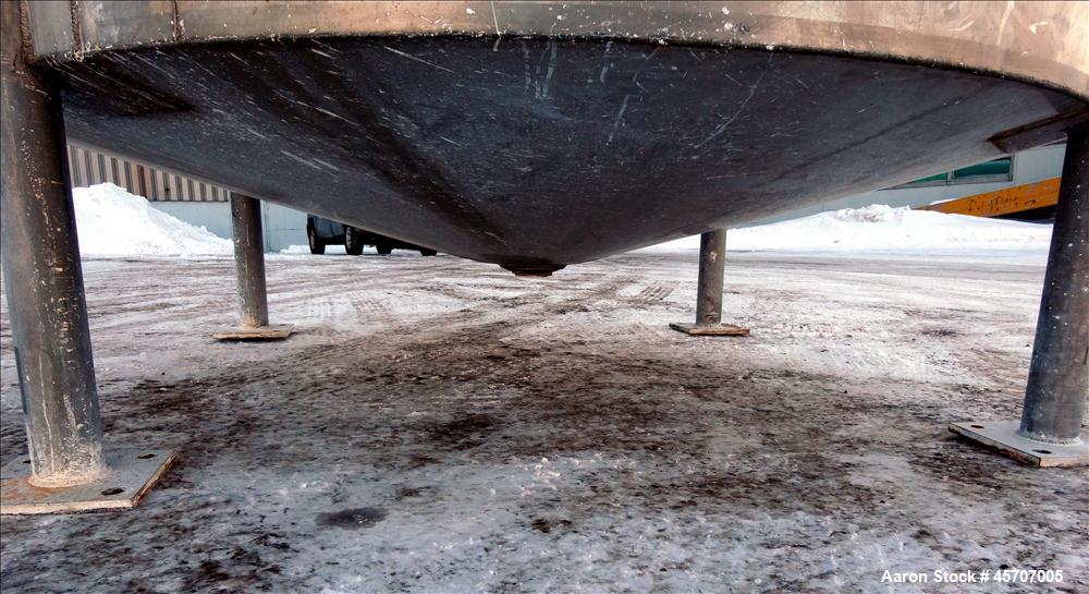 Used Bright Sheet Metal Tank, Approximately 4,000 Gallon, 304 Stainless Steel, Vertical. 100" diameter x 120" straight side. Flat top, coned bottom. 34" x 32" top hinged manway cover, 2" center botto...