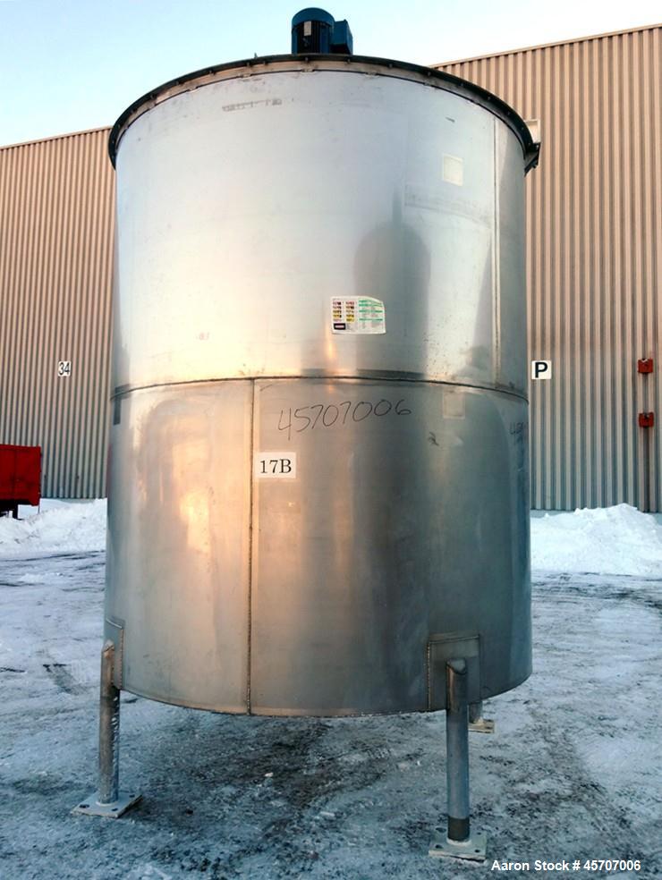 Used Bright Sheet Metal Tank, Approximately 4,000 Gallon, 304 Stainless Steel, Vertical. 100" diameter x 120" straight side. Flat top, coned bottom. 34" x 32" top hinged manway cover, 2" center botto...