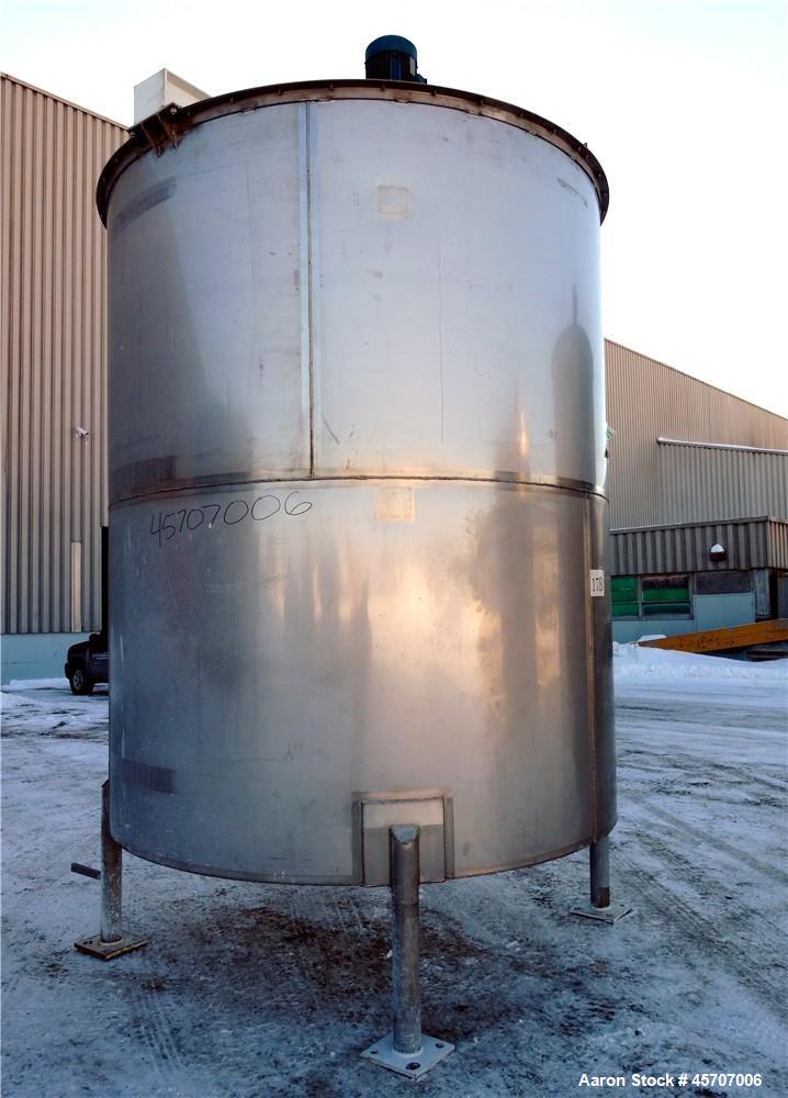 Used Bright Sheet Metal Tank, Approximately 4,000 Gallon, 304 Stainless Steel, Vertical. 100" diameter x 120" straight side. Flat top, coned bottom. 34" x 32" top hinged manway cover, 2" center botto...