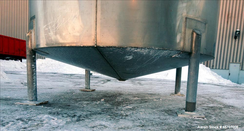 Used Bright Sheet Metal Tank, Approximately 4,000 Gallon, 304 Stainless Steel, Vertical. 100" diameter x 120" straight side. Flat top, coned bottom. 34" x 32" top hinged manway cover, 2" center botto...