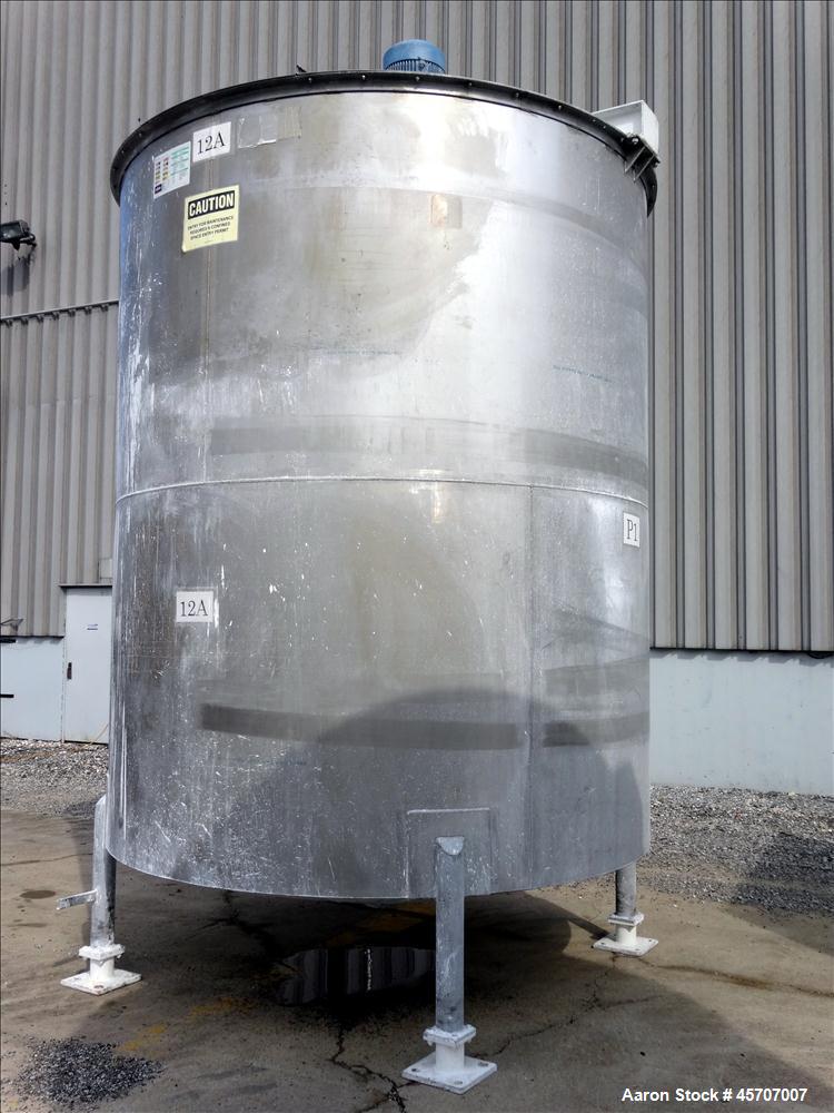 Used Bright Sheet Metal Tank, Approximately 4,000 Gallon, 304 Stainless Steel, Vertical. 100" diameter x 120" straight side. Flat top, coned bottom. 34" x 32" top hinged manway cover, 2" center botto...