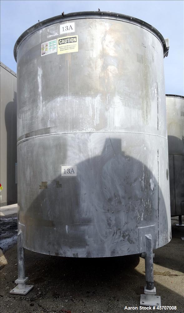 Used Bright Sheet Metal Tank, Approximately 4,000 Gallon, 304 Stainless Steel, Vertical. 100" diameter x 120" straight side. Flat top, coned bottom. 34" x 32" top hinged manway cover, 2" center botto...