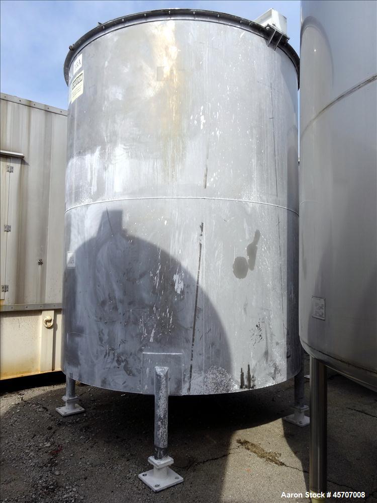 Used Bright Sheet Metal Tank, Approximately 4,000 Gallon, 304 Stainless Steel, Vertical. 100" diameter x 120" straight side. Flat top, coned bottom. 34" x 32" top hinged manway cover, 2" center botto...