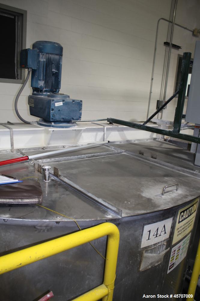 Used Bright Sheet Metal Tank, Approximately 4,000 Gallon, 304 Stainless Steel, Vertical. 100" diameter x 120" straight side. Flat top, coned bottom. 34" x 32" top hinged manway cover, 2" center botto...