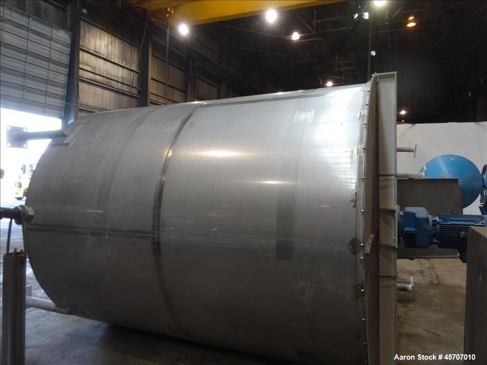 Used Bright Sheet Metal Tank, Approximately 4,000 Gallon, 304 Stainless Steel, Vertical. 100" diameter x 120" straight side. Flat top, coned bottom. 34" x 32" top hinged manway cover, 2" center botto...
