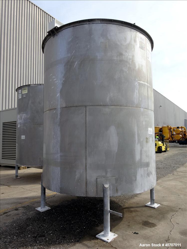 Used Bright Sheet Metal Tank, Approximately 4,000 Gallon, 304 Stainless Steel, Vertical. 100" diameter x 120" straight side. Flat top, coned bottom. 34" x 32" top hinged manway cover, 2" center botto...