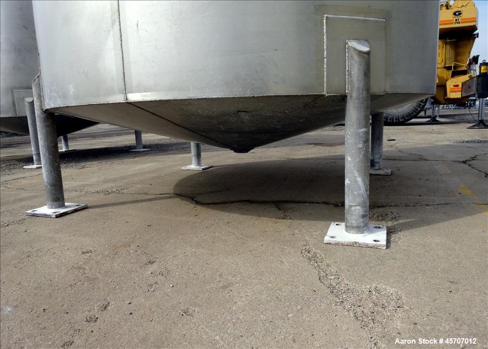 Used Bright Sheet Metal Tank, Approximately 4,000 Gallon, 304 Stainless Steel, Vertical. 100" diameter x 120" straight side. Flat top, coned bottom. 34" x 32" top hinged manway cover, 2" center botto...