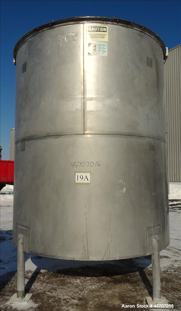 Used Bright Sheet Metal Tank, Approximately 4,000 Gallon, 304 Stainless Steel, Vertical. 100" diameter x 120" straight side. Flat top, coned bottom. 34" x 32" top hinged manway cover, 2" center botto...