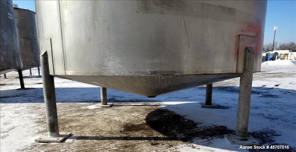 Used Bright Sheet Metal Tank, Approximately 4,000 Gallon, 304 Stainless Steel, Vertical. 100" diameter x 120" straight side. Flat top, coned bottom. 34" x 32" top hinged manway cover, 2" center botto...