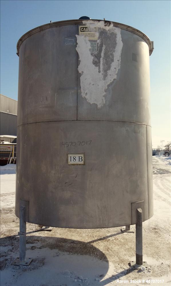 Used Bright Sheet Metal Tank, Approximately 4,000 Gallon, 304 Stainless Steel, Vertical. 100" diameter x 120" straight side. Flat top, coned bottom. 34" x 32" top hinged manway cover, 2" center botto...