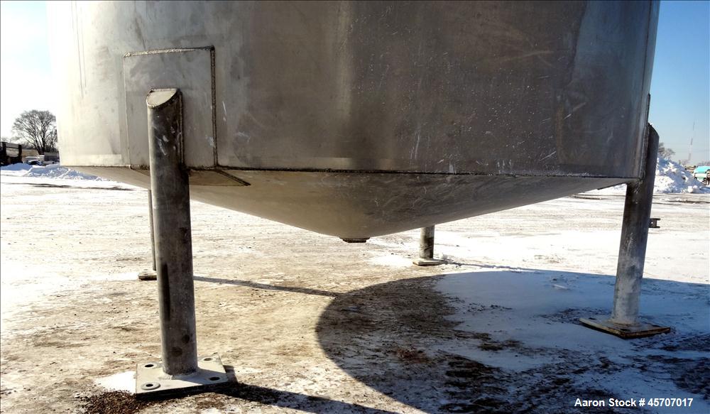 Used Bright Sheet Metal Tank, Approximately 4,000 Gallon, 304 Stainless Steel, Vertical. 100" diameter x 120" straight side. Flat top, coned bottom. 34" x 32" top hinged manway cover, 2" center botto...