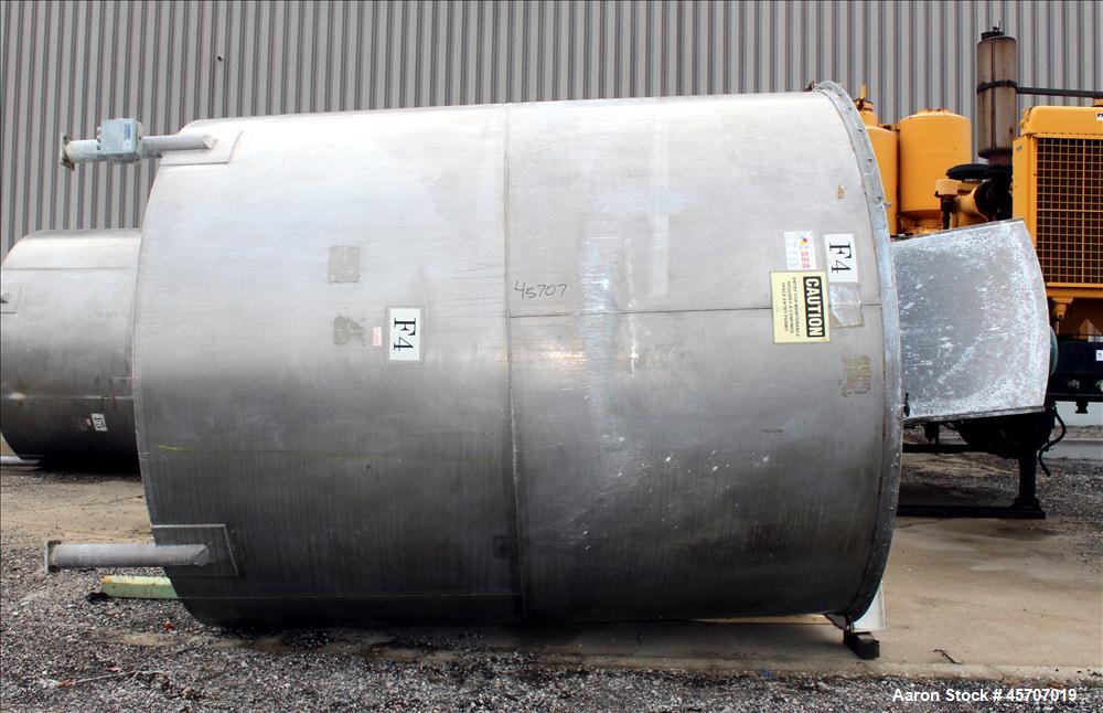 Used Bright Sheet Metal Tank, Approximately 4,000 Gallon, 304 Stainless Steel, Vertical. 100" diameter x 120" straight side. Flat top, coned bottom. 34" x 32" top hinged manway cover, 2" center botto...
