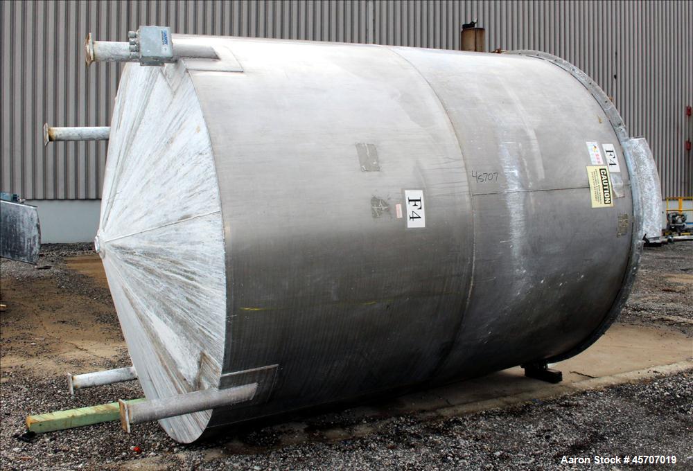 Used Bright Sheet Metal Tank, Approximately 4,000 Gallon, 304 Stainless Steel, Vertical. 100" diameter x 120" straight side. Flat top, coned bottom. 34" x 32" top hinged manway cover, 2" center botto...