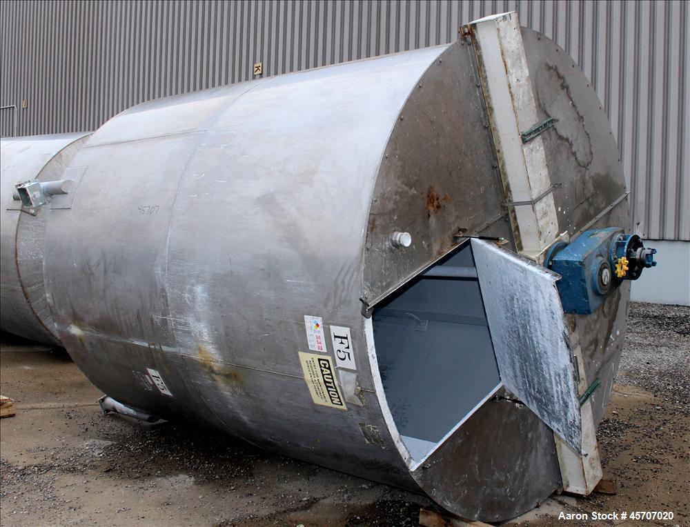 Used Bright Sheet Metal Tank, Approximately 4,000 Gallon, 304 Stainless Steel, Vertical. 100" diameter x 120" straight side. Flat top, coned bottom. 34" x 32" top hinged manway cover, 2" center botto...