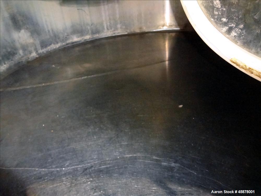 Used Tank, Approximate 1400 Gallons, 304 Stainless Steel, Vertical. Approximate 66" diameter x 93" straight side, dished top, sloped bottom. Top openings 2", 1.5". Side openings 3", 5", 22" man way w...