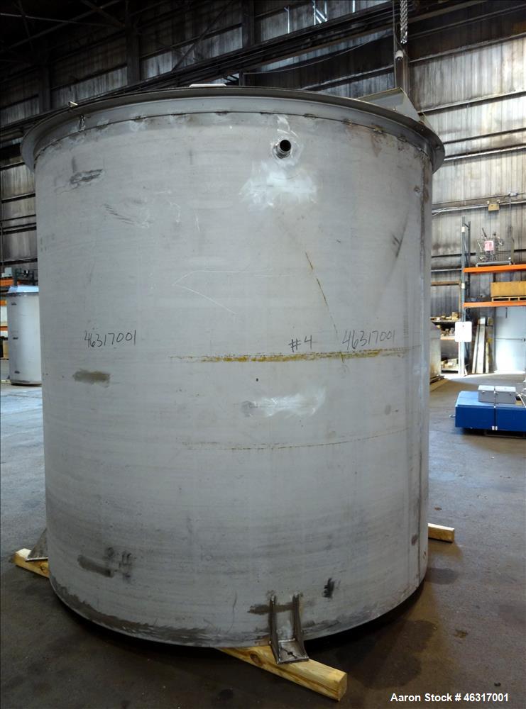 Unused- Tank, Approximately 3,000 Gallon, 304 Stainless steel, Vertical. Approximately 102" diameter x 99" straight side. Flat top with hinged covers, sloped bottom. Top bolt on bridge mounted agitat...