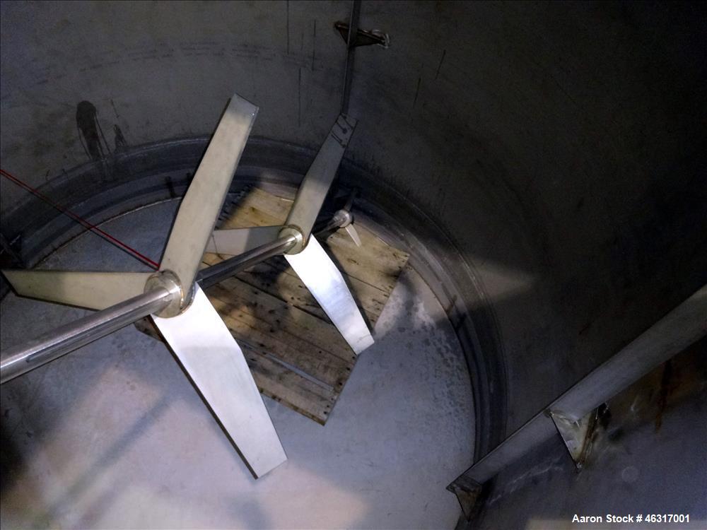 Unused- Tank, Approximately 3,000 Gallon, 304 Stainless steel, Vertical. Approximately 102" diameter x 99" straight side. Flat top with hinged covers, sloped bottom. Top bolt on bridge mounted agitat...