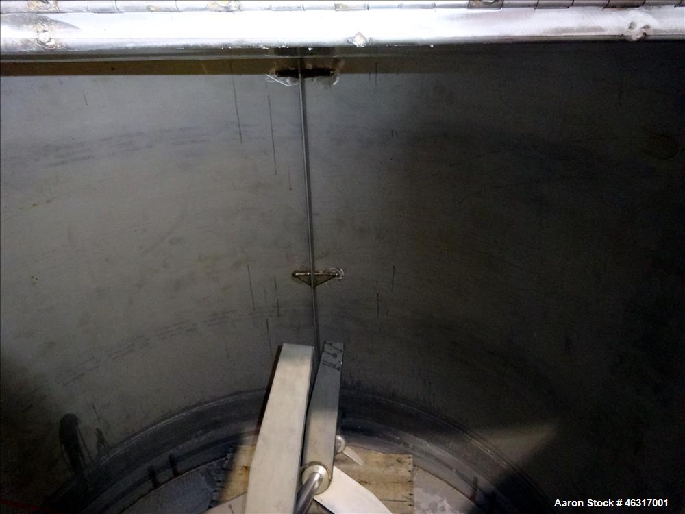 Unused- Tank, Approximately 3,000 Gallon, 304 Stainless steel, Vertical. Approximately 102" diameter x 99" straight side. Flat top with hinged covers, sloped bottom. Top bolt on bridge mounted agitat...