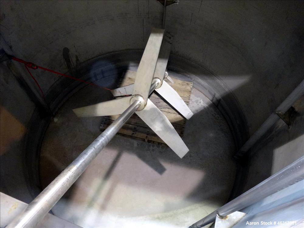 Unused- Tank, Approximately 3,000 Gallon, 304 Stainless steel, Vertical. Approximately 102" diameter x 99" straight side. Flat top with hinged covers, sloped bottom. Top bolt on bridge mounted agitat...