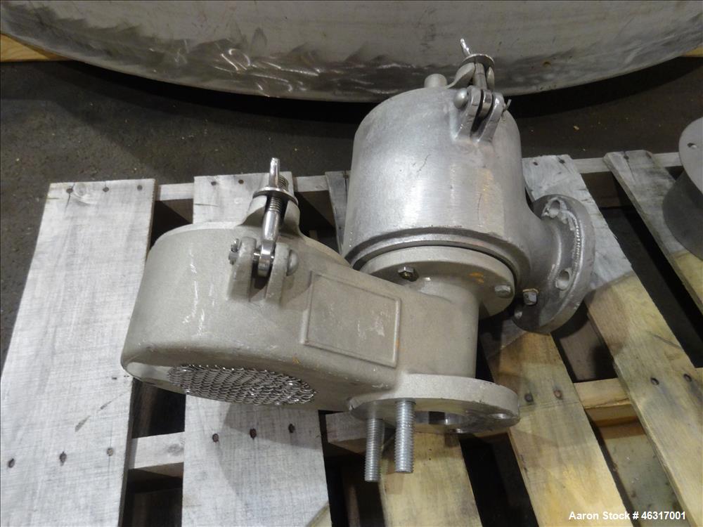 Unused- Tank, Approximately 3,000 Gallon, 304 Stainless steel, Vertical. Approximately 102" diameter x 99" straight side. Flat top with hinged covers, sloped bottom. Top bolt on bridge mounted agitat...
