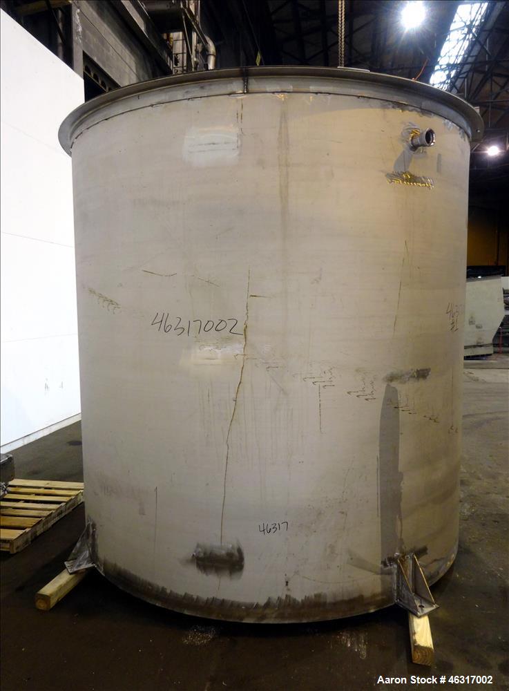 Unused- Tank, Approximately 3,000 Gallon, 304 Stainless steel, Vertical. Approximately 102" diameter x 99" straight side. Flat top with hinged covers, sloped bottom. Top bolt on carbon steel agitator...