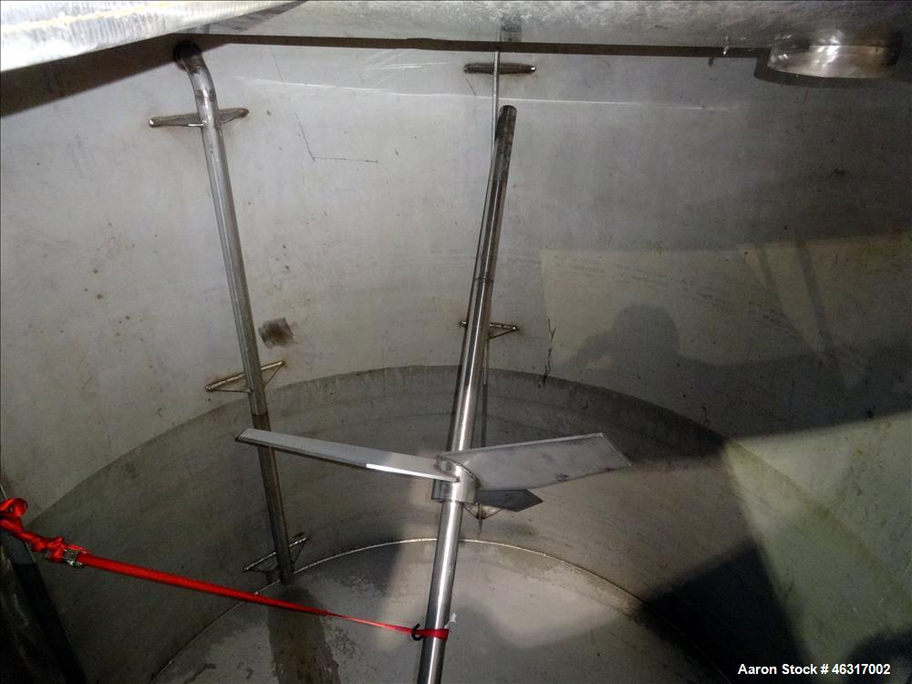 Unused- Tank, Approximately 3,000 Gallon, 304 Stainless steel, Vertical. Approximately 102" diameter x 99" straight side. Flat top with hinged covers, sloped bottom. Top bolt on carbon steel agitator...