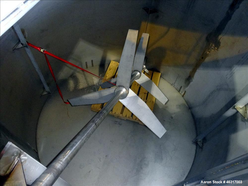 Unused- Tank, Approximately 3,000 Gallon, 304 Stainless steel, Vertical. Approximately 102" diameter x 99" straight side. Flat top with hinged covers, sloped bottom. Top bolt on carbon steel agitator...