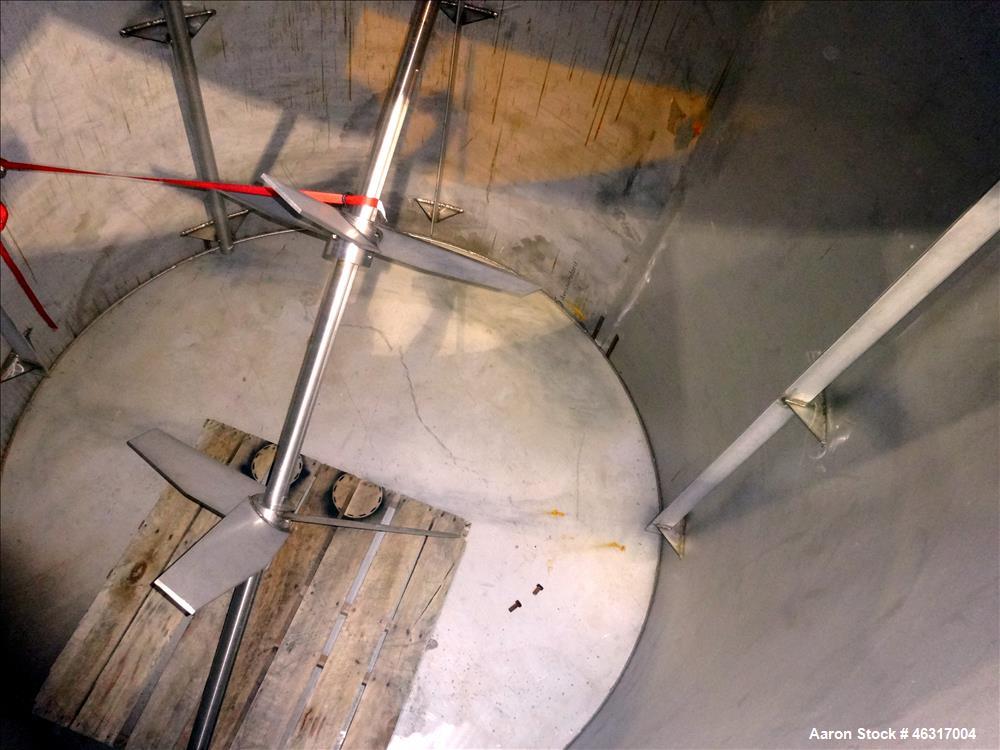Unused- Tank, Approximately 3,000 Gallon, 304 Stainless steel, Vertical. Approximately 102" diameter x 99" straight side. Flat top with hinged covers, sloped bottom. Top bolt on bridge mounted agitat...