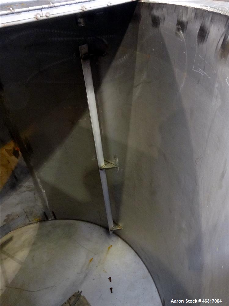 Unused- Tank, Approximately 3,000 Gallon, 304 Stainless steel, Vertical. Approximately 102" diameter x 99" straight side. Flat top with hinged covers, sloped bottom. Top bolt on bridge mounted agitat...