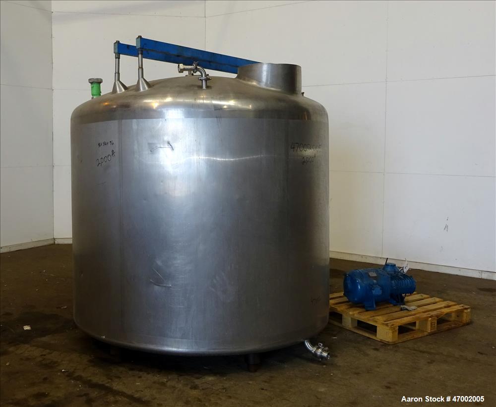 Used Mixing Tank, 1,500 Gallon, 304 Stainless Steel, Vertical.