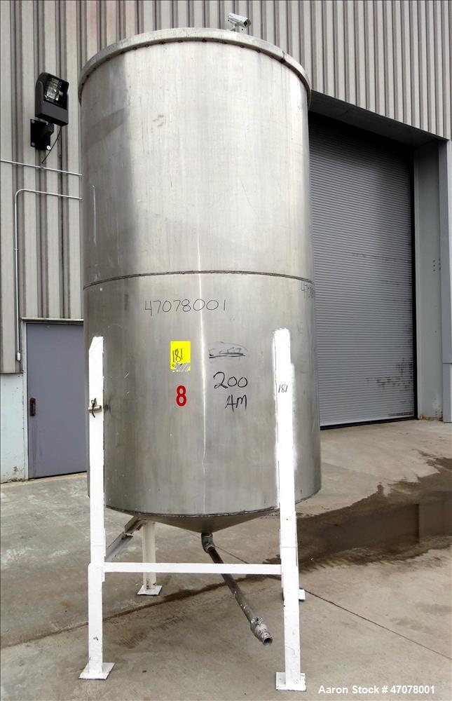 Used Tank, Approximate 1,000 Gallon, 304 Stainless Steel, Vertical. Approximate 56" diameter x 94" straight side. Open top with covers, coned bottom. 2" Center bottom outlet. Mounted on (4) carbon st...