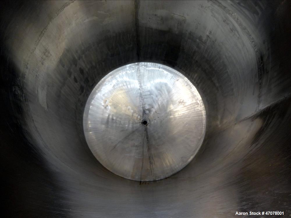 Used Tank, Approximate 1,000 Gallon, 304 Stainless Steel, Vertical. Approximate 56" diameter x 94" straight side. Open top with covers, coned bottom. 2" Center bottom outlet. Mounted on (4) carbon st...